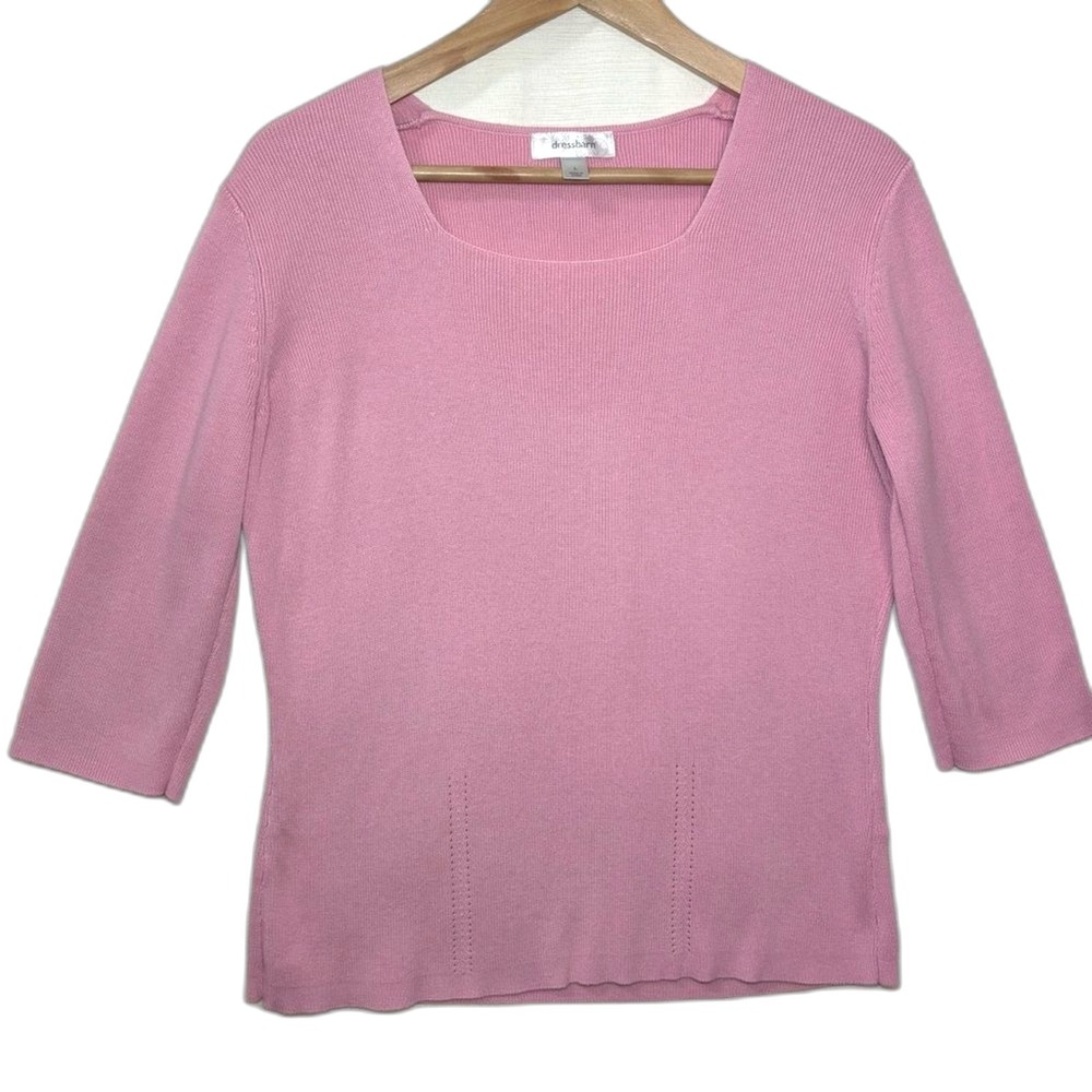 Lightweight Sweater Womens L Square Neck 3/4 Sleeve Soft Pink Minimalist Office